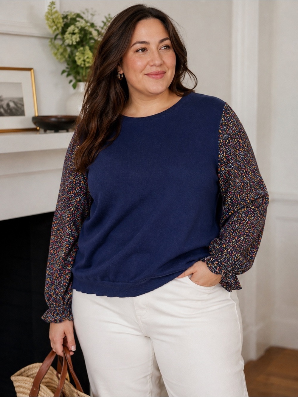 J Crew Women's Navy Sweater Top with Floral Puff Sleeves- XXL